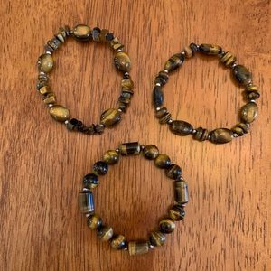 Set of Three Tigers Eye with Silver Beads Stretch Bracelets